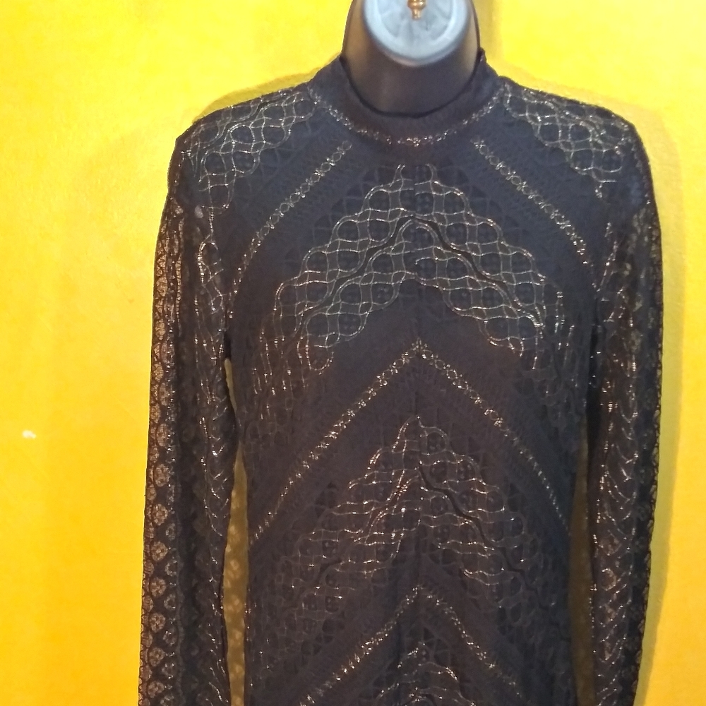 Black & Gold Lace Mock Neck Dress